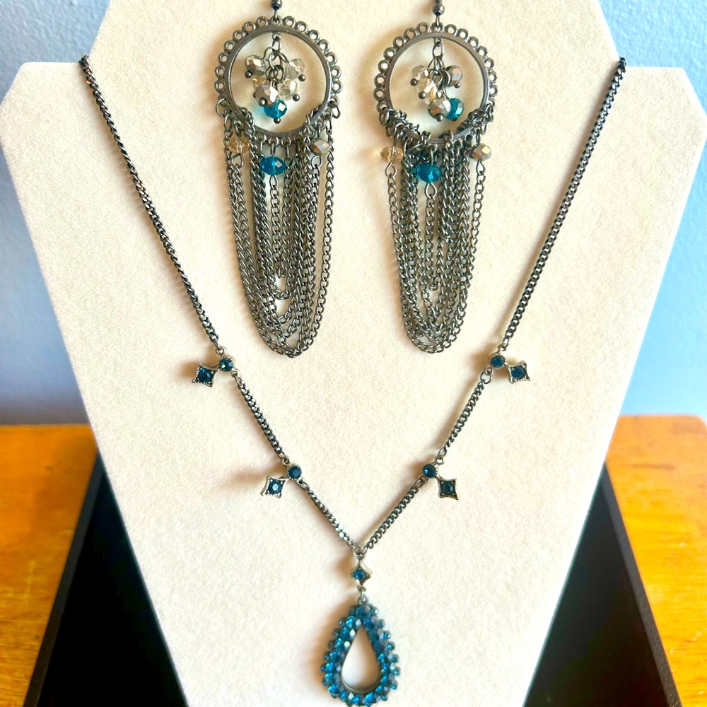 Teal Blue Necklace Chandelier Earring Set